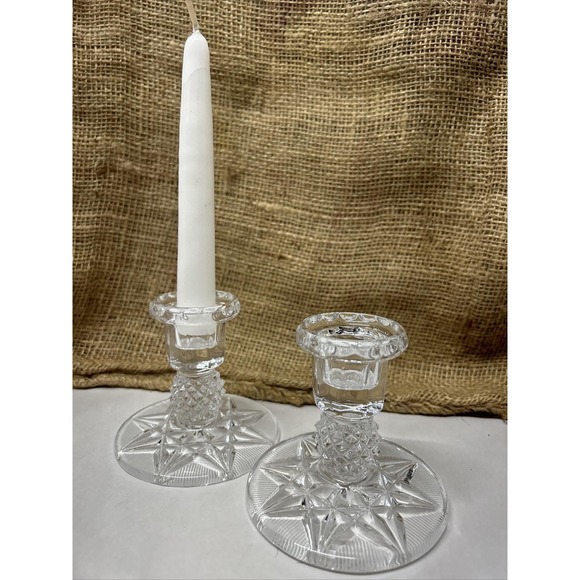 The Unbranded Brand Other - Set of 2 Clear Crystal Glass Candle Holders Eight Point Star And Diamond‎ Design